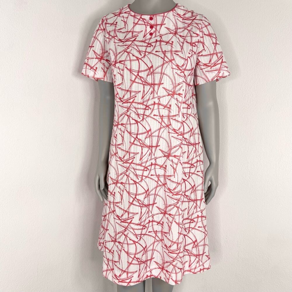 Vintage 60s Orange White Abstract Atomic Short Sleeve Shift Day Dress Large Mod